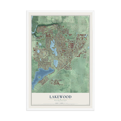 Map of Lakewood, Washington, 12 x 18 inch print in a white wood frame