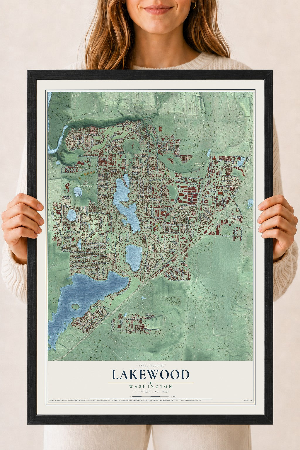 Map of Lakewood, Washington, 18 x 24 inch print in a black wood frame