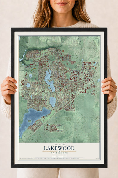 Map of Lakewood, Washington, 18 x 24 inch print in a black wood frame