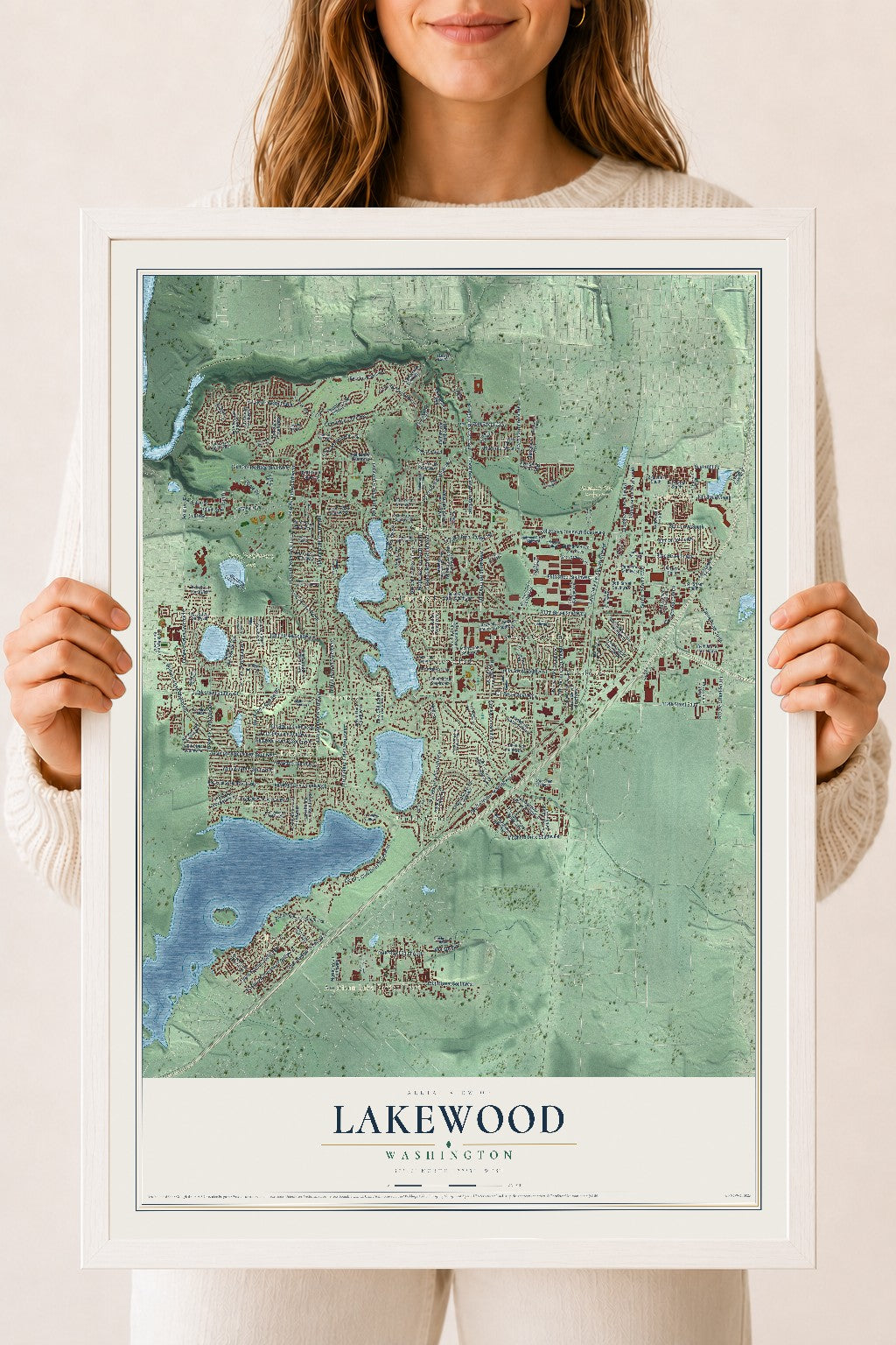 Map of Lakewood, Washington, 18 x 24 inch print in a white wood frame