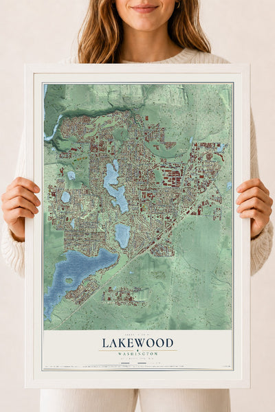 Map of Lakewood, Washington, 18 x 24 inch print in a white wood frame