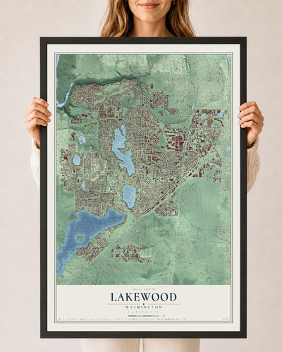 Map of Lakewood, Washington, 24 x 36 inch print in a black wood frame