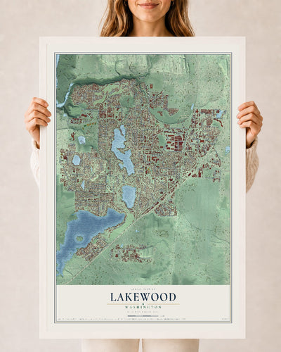 Map of Lakewood, Washington, 24 x 36 inch print in a white wood frame