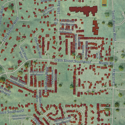 Close-up of the map of Larch Way, Washington print showing street and building detail
