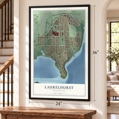 Laurelhurst, Washington map, 24 x 36 inch print in a black frame by a staircase