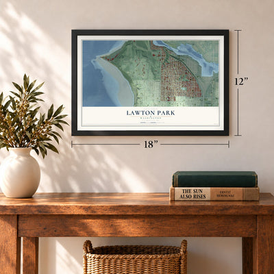 Lawton Park, Washington map, 12 x 18 inch print in a black frame in an entryway