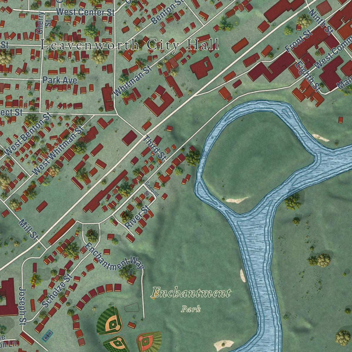 Close-up of the map of Leavenworth, Washington print showing street and building detail
