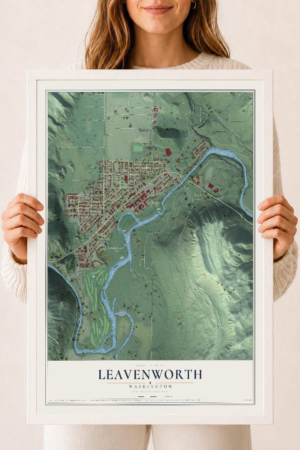 Map of Leavenworth, Washington, 18 x 24 inch print in a white wood frame