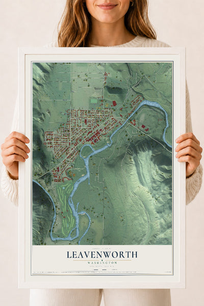 Map of Leavenworth, Washington, 18 x 24 inch print in a white wood frame