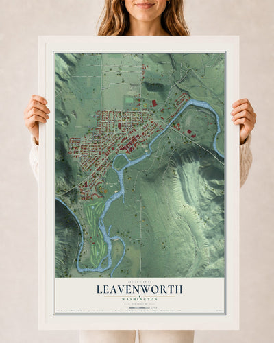 Map of Leavenworth, Washington, 24 x 36 inch print in a white wood frame