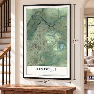 Lewisville, Washington map, 24 x 36 inch print in a black frame by a staircase
