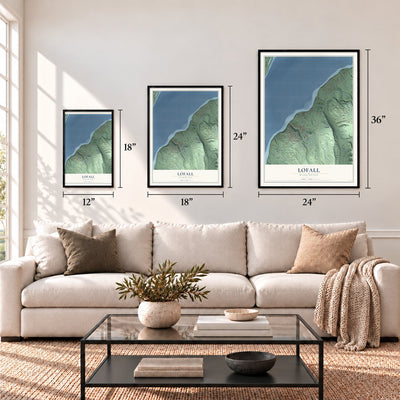 Lofall, Washington map in 12 x 18, 18 x 24 and 24 x 36 inch sizes above a sofa