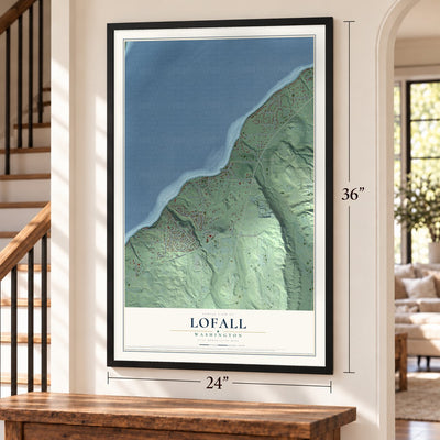 Lofall, Washington map, 24 x 36 inch print in a black frame by a staircase