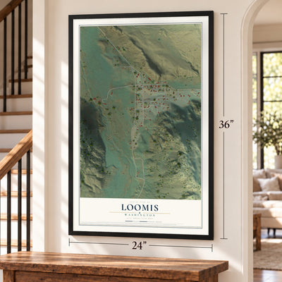 Loomis, Washington map, 24 x 36 inch print in a black frame by a staircase