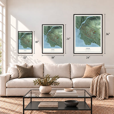 Lyle, Washington map in 12 x 18, 18 x 24 and 24 x 36 inch sizes above a sofa