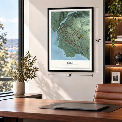 Lyle, Washington map, 18 x 24 inch print in a black frame in a home office