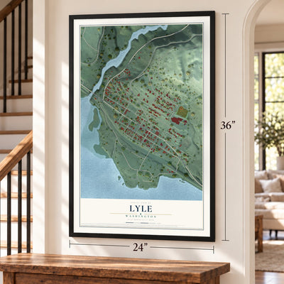 Lyle, Washington map, 24 x 36 inch print in a black frame by a staircase