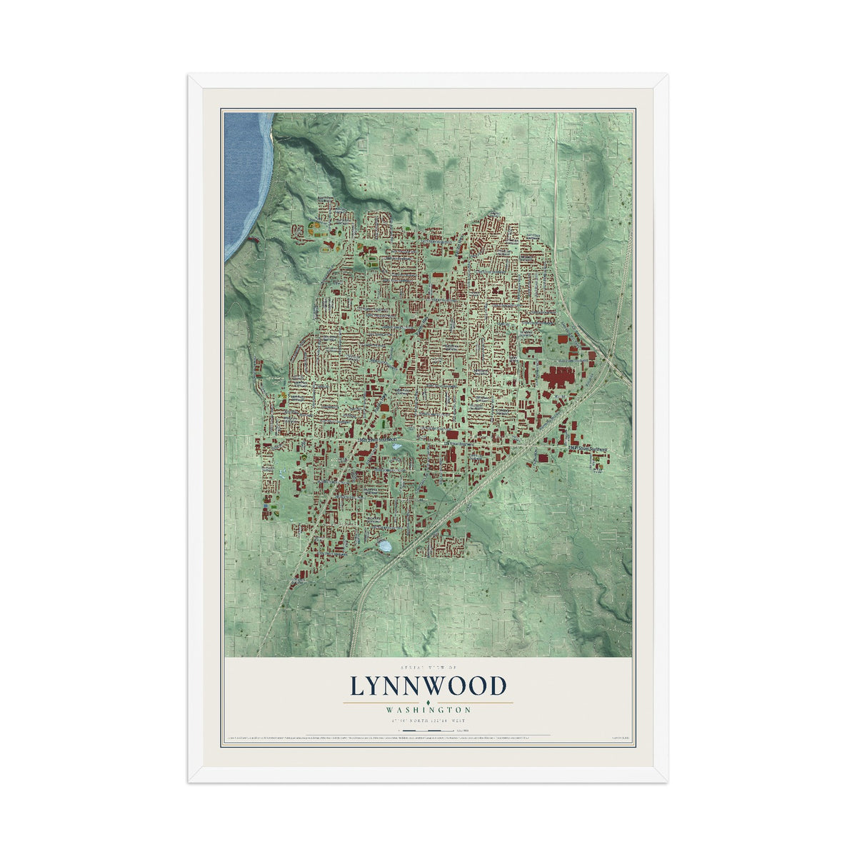 Map of Lynnwood, Washington, 12 x 18 inch print in a white wood frame