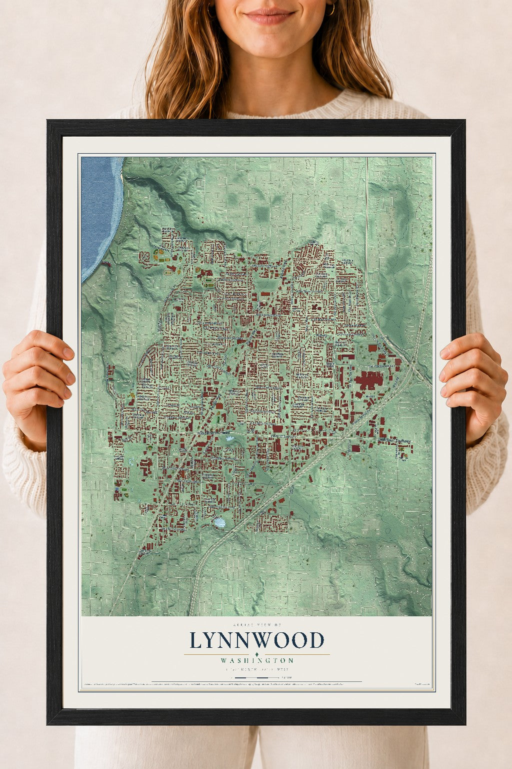 Map of Lynnwood, Washington, 18 x 24 inch print in a black wood frame
