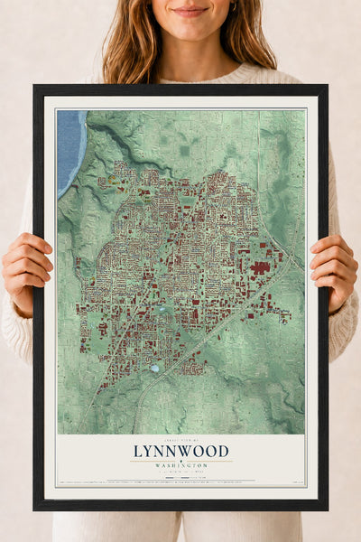 Map of Lynnwood, Washington, 18 x 24 inch print in a black wood frame