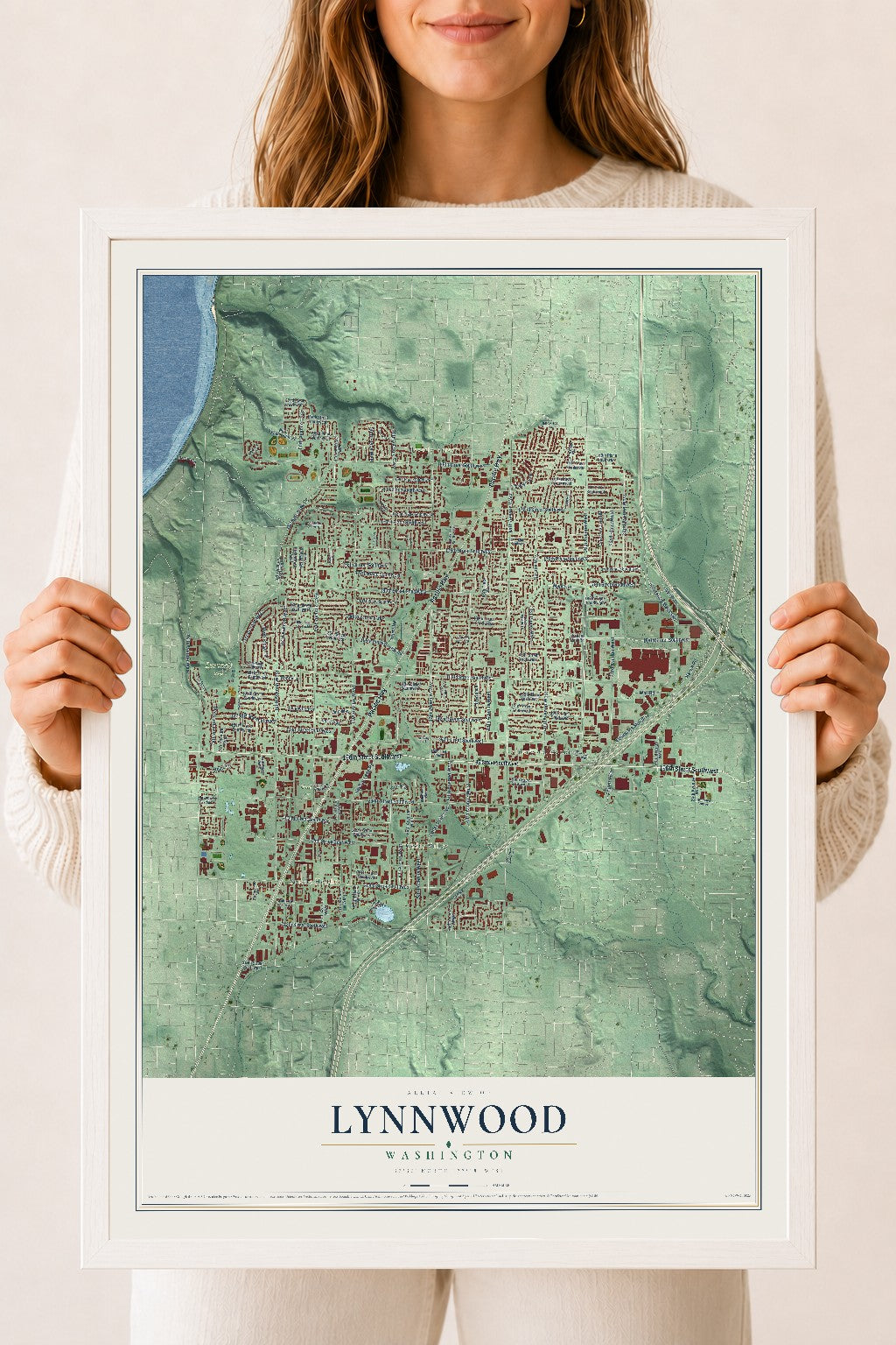 Map of Lynnwood, Washington, 18 x 24 inch print in a white wood frame