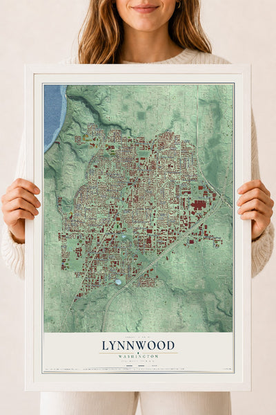 Map of Lynnwood, Washington, 18 x 24 inch print in a white wood frame
