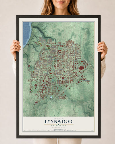 Map of Lynnwood, Washington, 24 x 36 inch print in a black wood frame