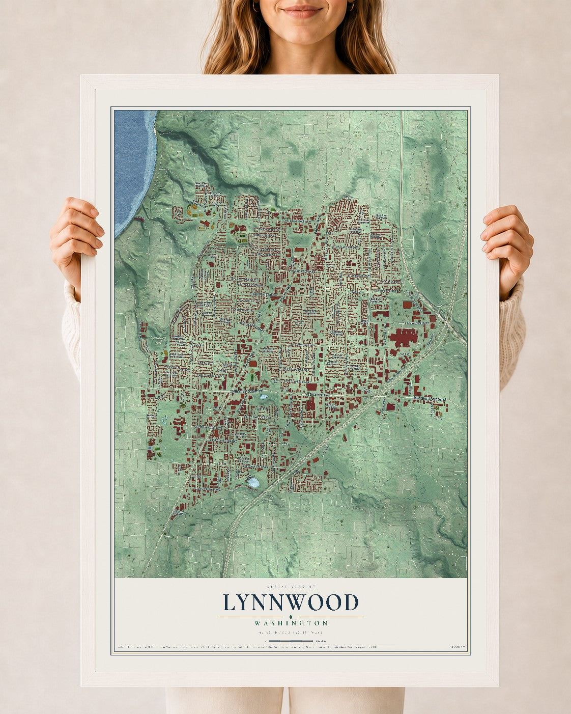 Map of Lynnwood, Washington, 24 x 36 inch print in a white wood frame