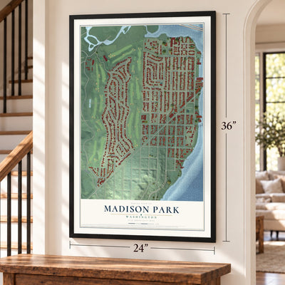 Madison Park, Washington map, 24 x 36 inch print in a black frame by a staircase