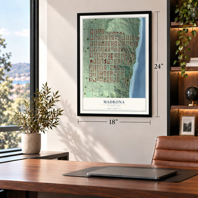 Madrona, Washington map, 18 x 24 inch print in a black frame in a home office