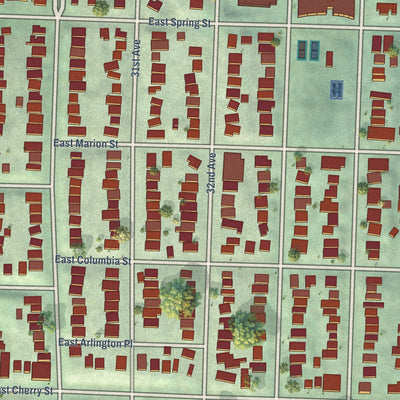 Close-up of the map of Madrona, Washington print showing street and building detail