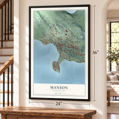 Manson, Washington map, 24 x 36 inch print in a black frame by a staircase