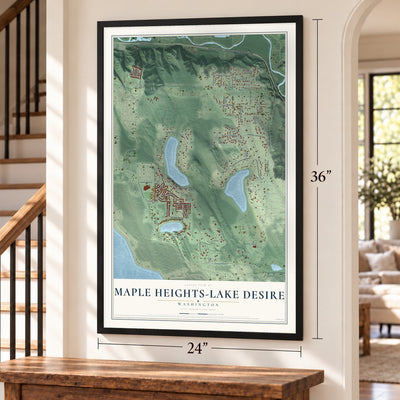 Maple Heights-Lake Desire, Washington map, 24 x 36 inch print in a black frame by a staircase
