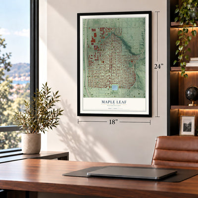 Maple Leaf, Washington map, 18 x 24 inch print in a black frame in a home office