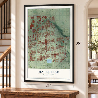 Maple Leaf, Washington map, 24 x 36 inch print in a black frame by a staircase