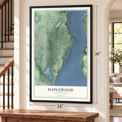 Maplewood, Washington map, 24 x 36 inch print in a black frame by a staircase
