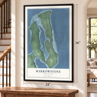 Marrowstone, Washington map, 24 x 36 inch print in a black frame by a staircase