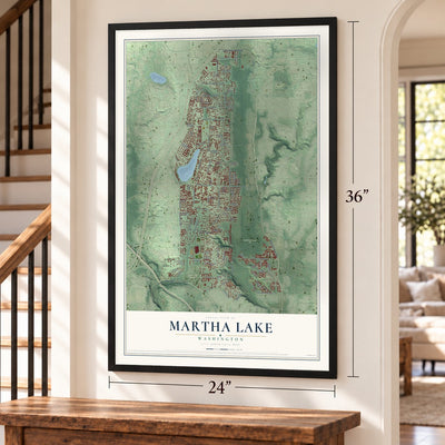 Martha Lake, Washington map, 24 x 36 inch print in a black frame by a staircase