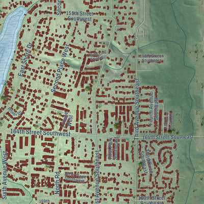 Close-up of the map of Martha Lake, Washington print showing street and building detail