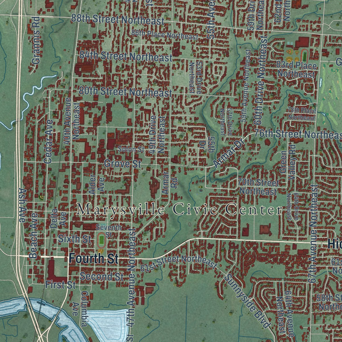 Close-up of the map of Marysville, Washington print showing street and building detail