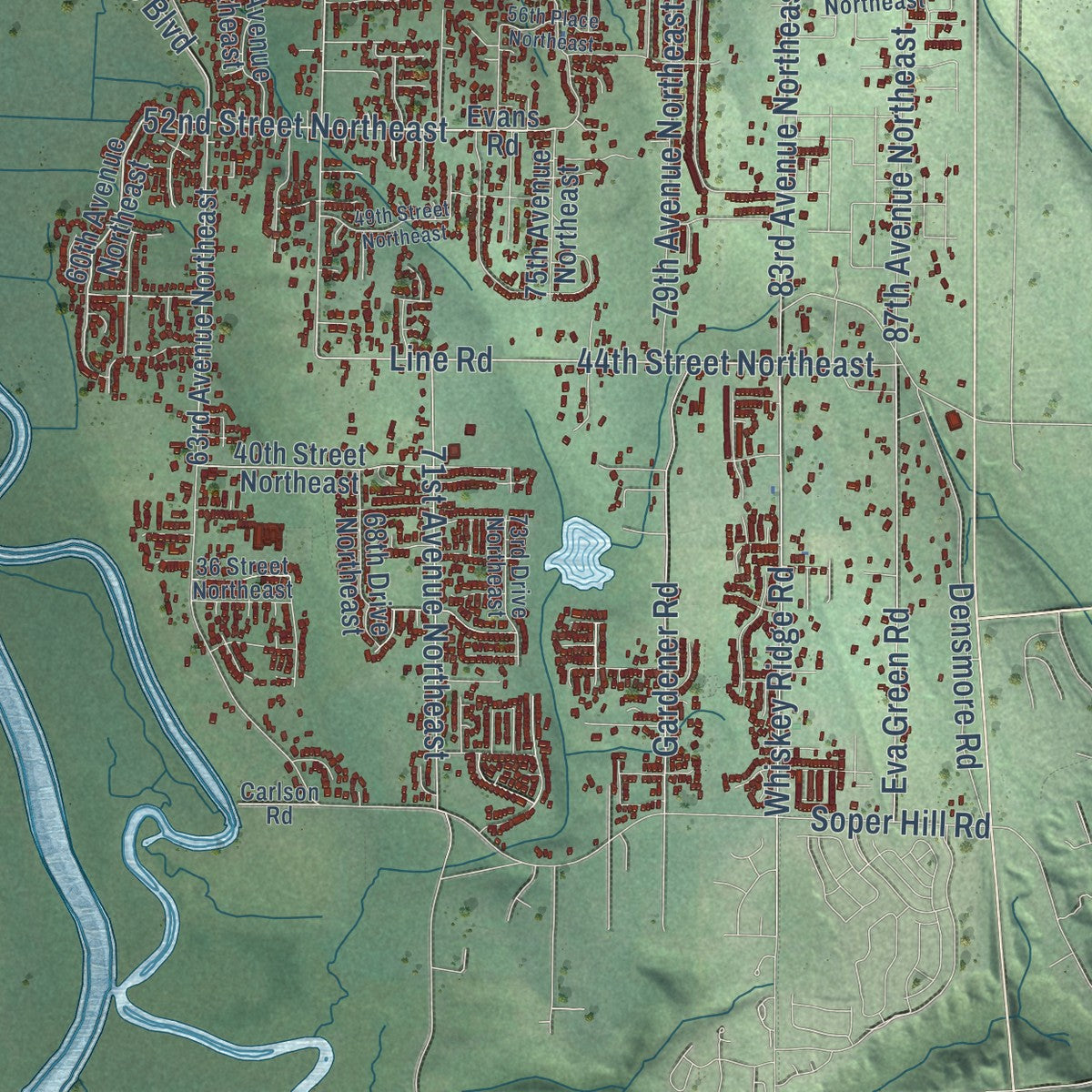 Second close-up of the map of Marysville, Washington print showing more streets and buildings