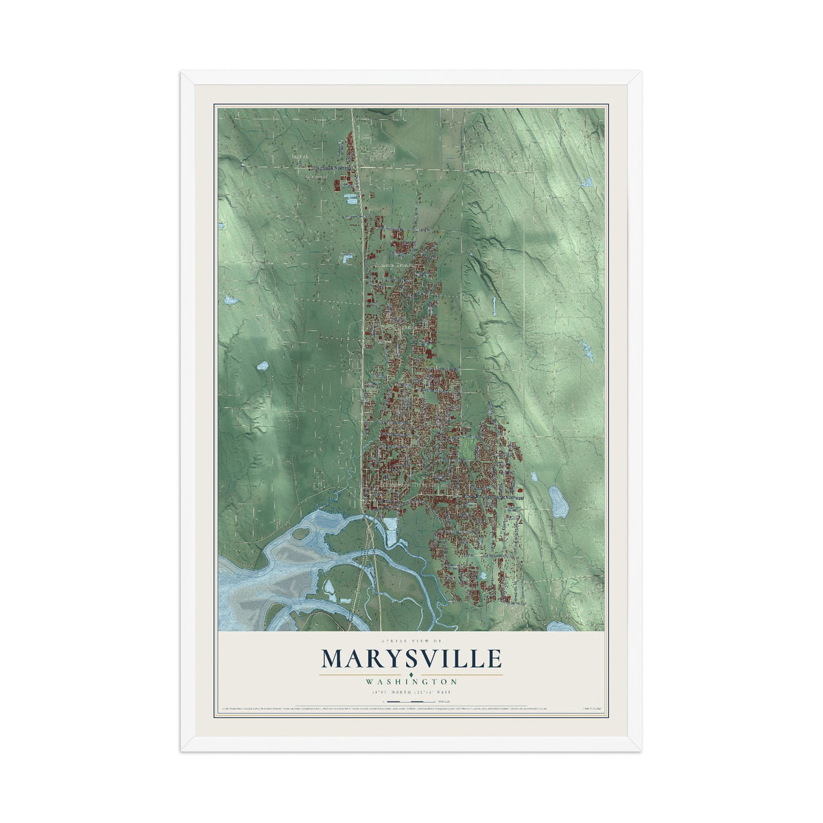 Map of Marysville, Washington, 12 x 18 inch print in a white wood frame