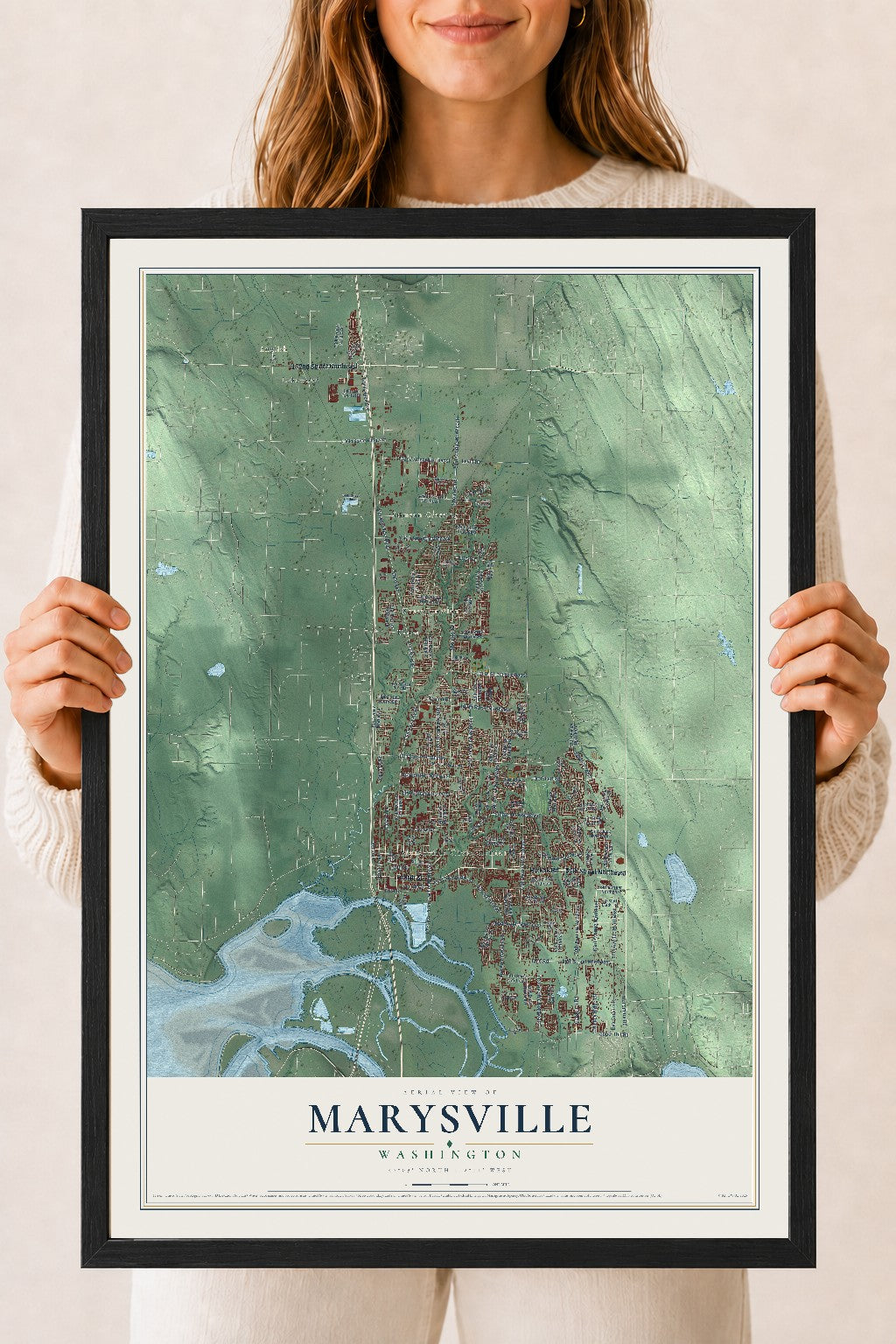 Map of Marysville, Washington, 18 x 24 inch print in a black wood frame