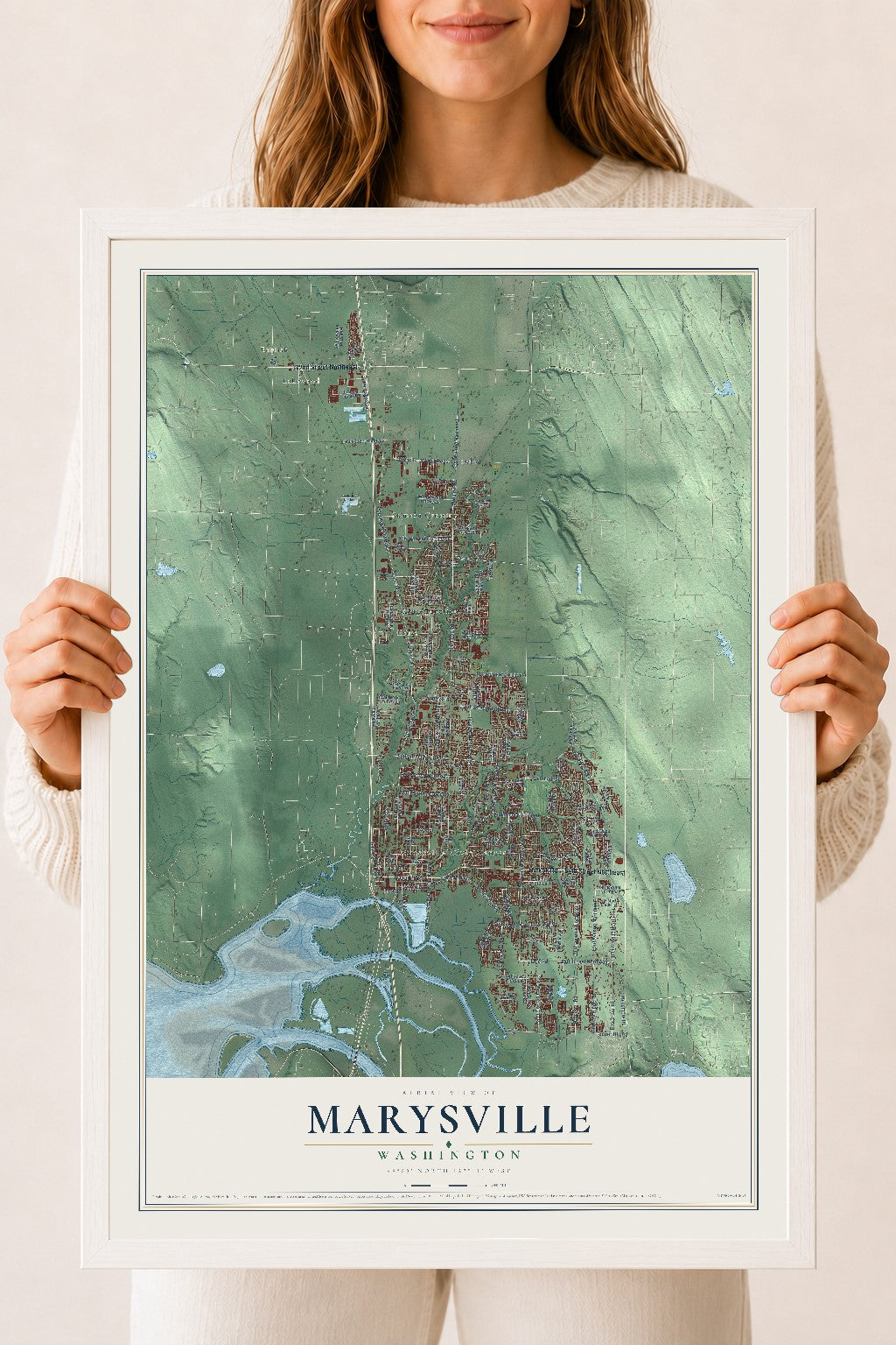Map of Marysville, Washington, 18 x 24 inch print in a white wood frame