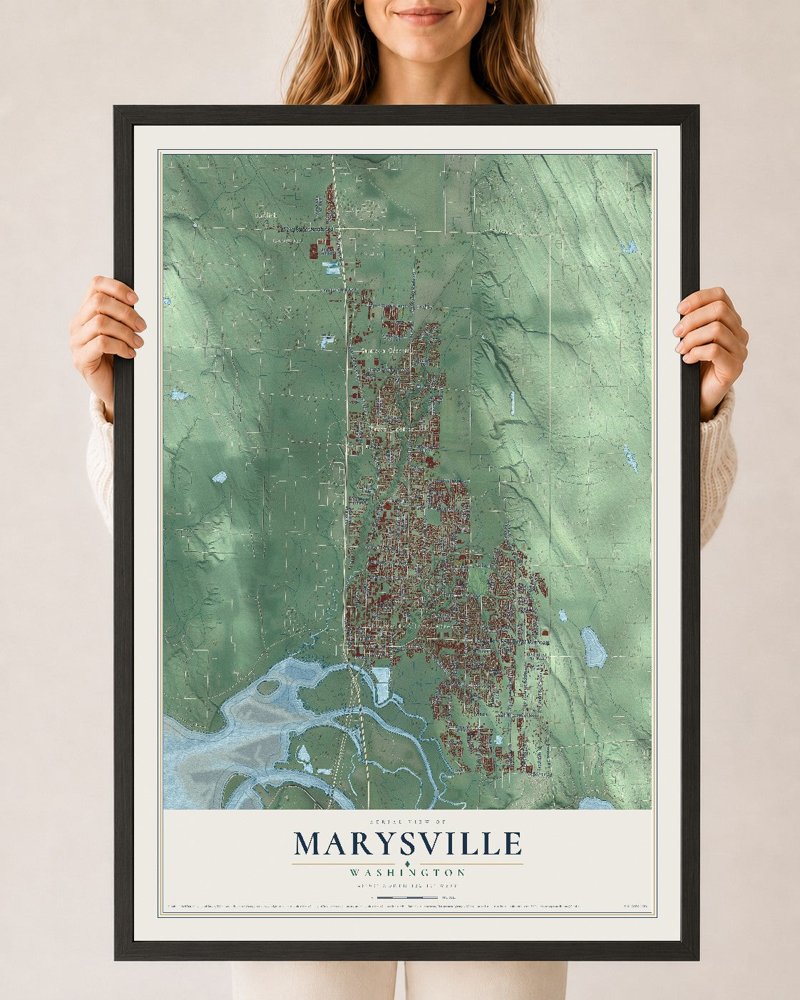 Map of Marysville, Washington, 24 x 36 inch print in a black wood frame