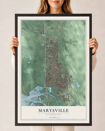 Map of Marysville, Washington, 24 x 36 inch print in a black wood frame