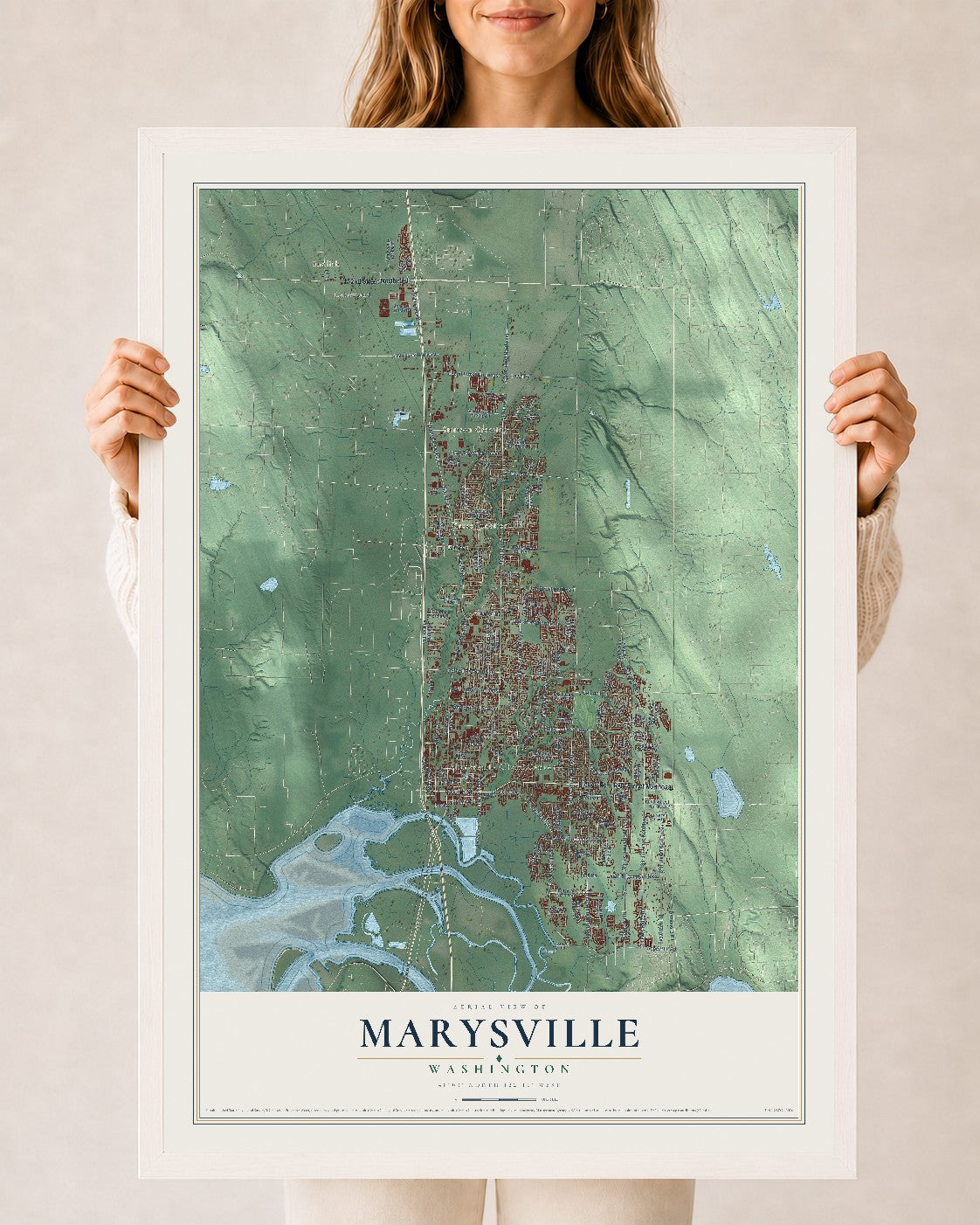 Map of Marysville, Washington, 24 x 36 inch print in a white wood frame
