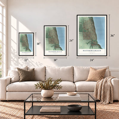 Matthews Beach, Washington map in 12 x 18, 18 x 24 and 24 x 36 inch sizes above a sofa