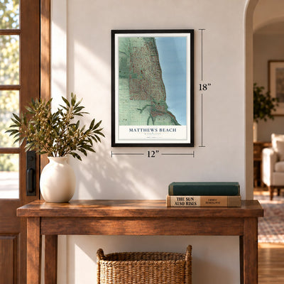 Matthews Beach, Washington map, 12 x 18 inch print in a black frame in an entryway