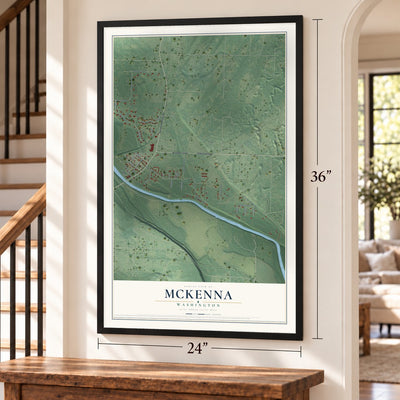 McKenna, Washington map, 24 x 36 inch print in a black frame by a staircase